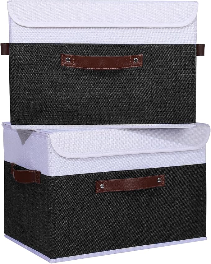 ANMINY 4PCS Storage Boxes with Lid Washable Decorative Storage Bins Basket with PU Leather Handle Foldable Linen Fabric Storage Cubes Containers for Home Closet Organizer - Black White, Large Size-NeatNest