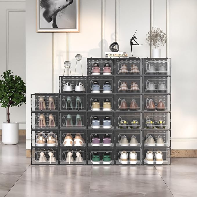 12 Pack Large Modular Clear Plastic Stackable Shoe Storage Organizer for Closet, Space Saving Versatile Sneaker Shoe Rack Containers Bins Holders, Portable Closet Organizers and Storage, Black-NeatNest