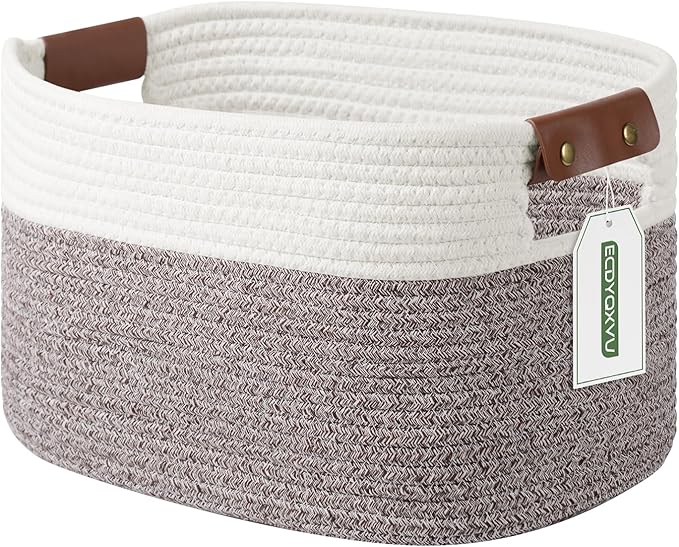 Cotton Rope Basket , Storage Baskets with Handle, 15x10x9 Inch Woven Basket for Shelves, Laundry, Towels, Clothes, Books, Toys (White Brown 1 Pack)-NeatNest