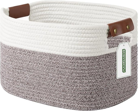 Cotton Rope Basket , Storage Baskets with Handle, 15x10x9 Inch Woven Basket for Shelves, Laundry, Towels, Clothes, Books, Toys (White Brown 1 Pack)-NeatNest