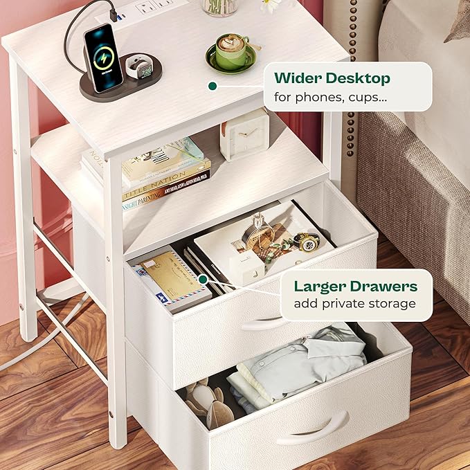 Huuger Night Stand with Charger Station and LED Lights, 2 Drawer Nightstand, Bed Side Table with Open Shelf, End Table, Fabric Dresser for Bedroom, PU Leather, White