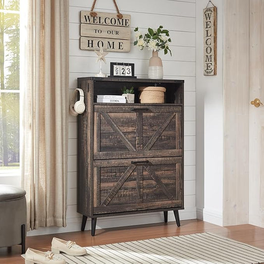 Shoe Storage Cabinet,Farmhouse Shoe Organizer with 2 Flip Drawers & Barn Door Design,Freestanding Hidden Slim Narrow Shoe Rack Cabinet with Open Storage for Entryway, Foyer,Hallway, Dark oak-NeatNest