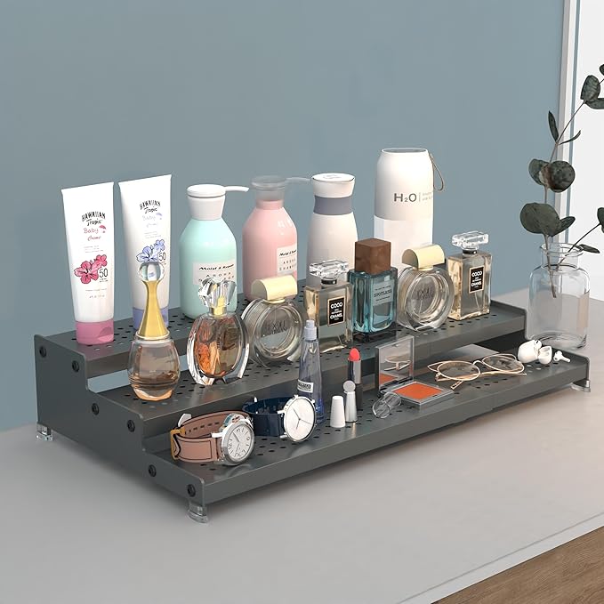 Expandable Spice Rack organizer with 3-Tier step shelf,Modern Design heavy duty,Non Skid and Visibility,Great for Kitchen Cabinet, Pantry and more(3PACKS/GUN-GREY)-NeatNest