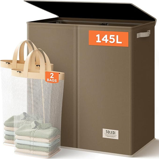 SOLEDI Large Double Laundry Hamper with Lid, Collapsible Clothes Hamper 2 section with Removable Bags, Space-Saving Laundry Basket for Bedroom, Dorm, College-NeatNest