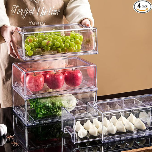 PeJeyiee 4 Pack Clear Stackable Refrigerator Organizers and Storage Drawers - Pull-Out Fridge Bins with Anti-Slip Base & Easy Clean, Plastic Organizers for Kitchen Pantry Cabinet Closet (Large)-NeatNest