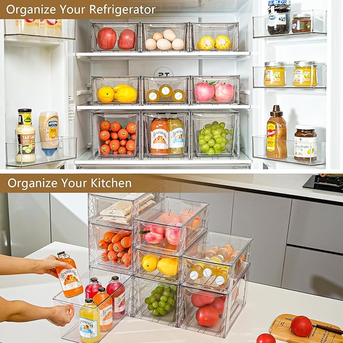 4Pack Stackable Kitchen Storage Organizer, Pantry Organizers and Storage, Clear Foods Organizer Bins with Handles, Easily Assemble for Bathroom, Kitchen, Pantry, Cabinet, Closet-NeatNest