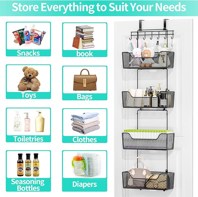 HapiRm Over The Door Organizer - Hanging Door Organizer with 4 Metal Large Capacity Baskets and Adjustable Coat Hook for Bathroom Bedroom Kitchen Pantry Closet Cabinet-NeatNest