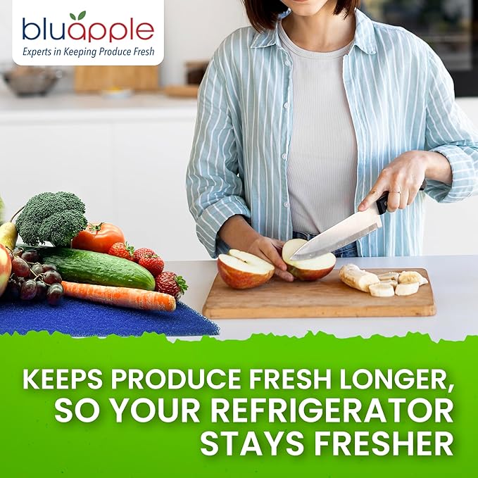 Bluapple FreshMats, Refrigerator Bin Liner, Fridge Drawer Mats, Crisper Life Extender Liner Keeps Produce Fresh Longer, Anti-Bruising, Helps Air Circulation, Washable & Reusable (4-Mats, 12x15, Blue)