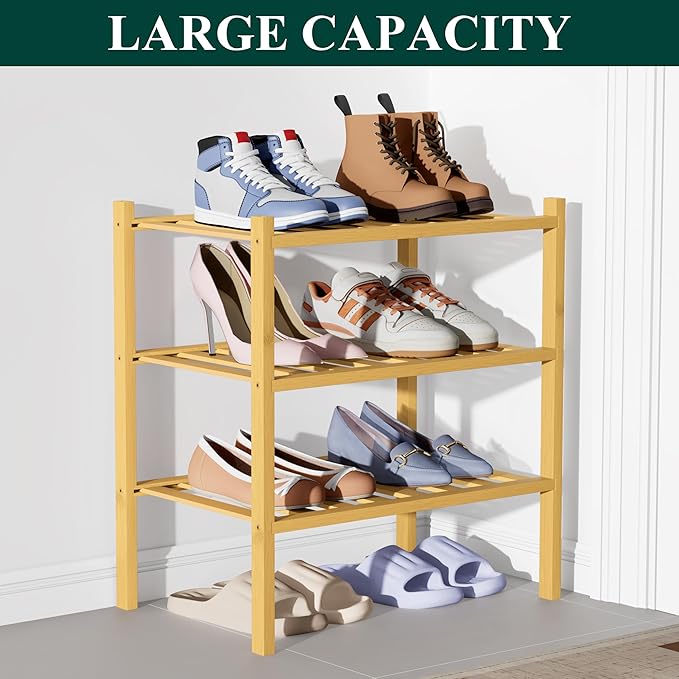 Smiry Bamboo Shoe Rack for Closet, 3 Tier Small Wooden Stackable Shoe Organizer, Free Standing Shoes Storage Shelf for Entryway, Front Door Entrance, Natural-NeatNest