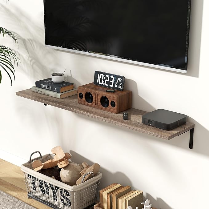 Fun Memories Deep Floating Shelves, 48W x 8D Floating Shelves Set of 2, Wall Mounted Shelf with Metal Brackets, Rustic Wood Wall Shelf for Bathroom, Kitchen and Living Room, Grey-NeatNest