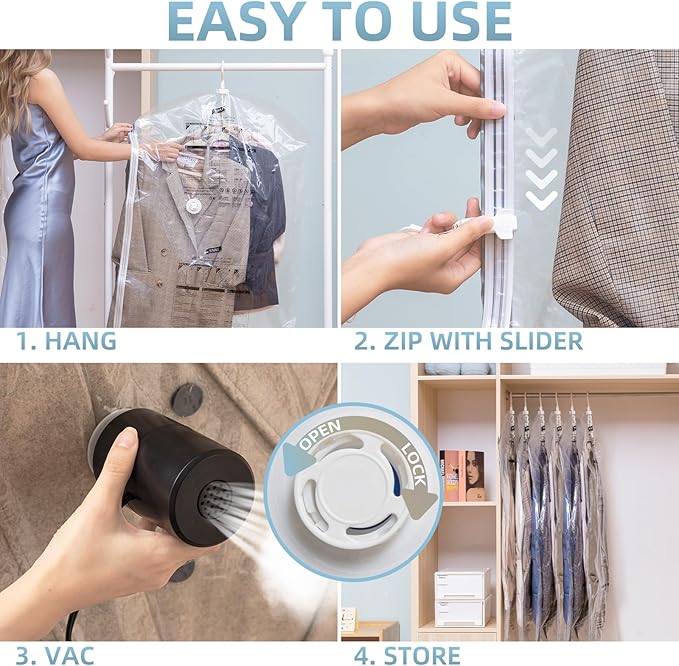 Hanging Vacuum Storage Bags with Electric Pump, 4 Pack (53 x27.5 inch), Vacuum Seal Bags for Clothing, Garment Storage for Short Jacket, Suits, Dresses, Closet Organizer Space Saving-NeatNest