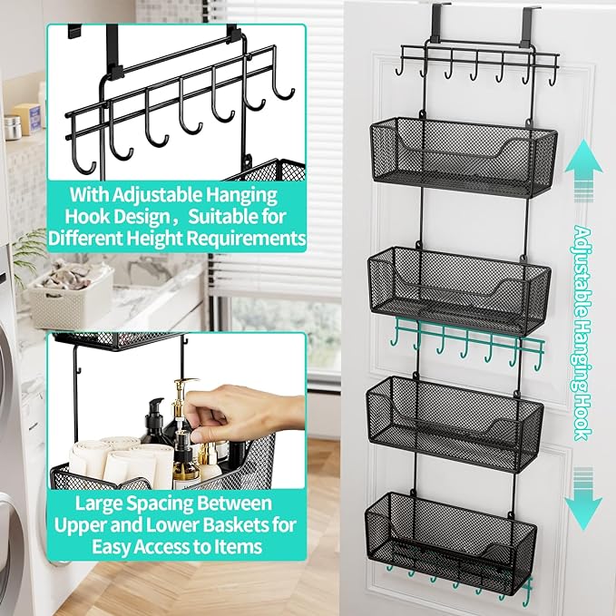 HapiRm Over The Door Organizer - Hanging Door Organizer with 4 Metal Large Capacity Baskets and Adjustable Coat Hook for Bathroom Bedroom Kitchen Pantry Closet Cabinet-NeatNest