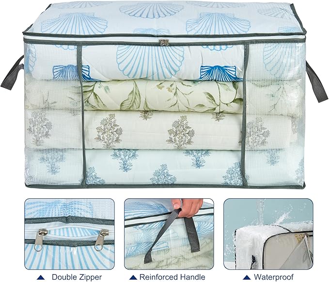 80L Clear Large Storage Bag, Clothes Storage Containers for Organizing Closet, Bedroom, Underbed, Comforters, Clothing, Blankets, Pillow, Foldable Organizer with Sturdy Handle and Zippers (4)-NeatNest