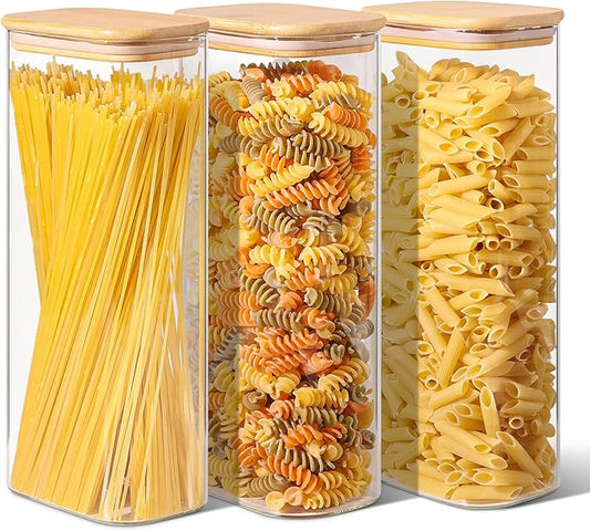 ComSaf 2.2 Qt Rectangle Glass Storage Containers with Lids, Glass Jars with Bamboo Lids, Clear Food Storage Jar, Tall Spaghetti Container, Pantry Storage Container for Pasta Flour Oats Nuts Rice-NeatNest
