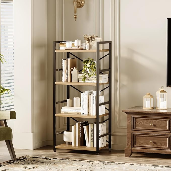 Bookshelf, Kid's Bookshelf, 4 Tier Small Bookcase, Metal Small Bookcase, Book Shelf Organization and Storage for Living Room, Bedroom, and Home Office (Light Coffee)-NeatNest