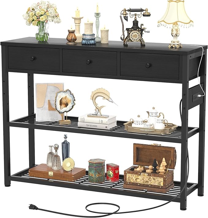 Ecopriso 47'' Entryway Table with Outlets and USB Ports, Console Table with 3 Drawers, Sofa Table Narrow Long with Storage Shelves for Living Room, Couch, Hallway, Foyer, Kitchen Counter, Black-NeatNest