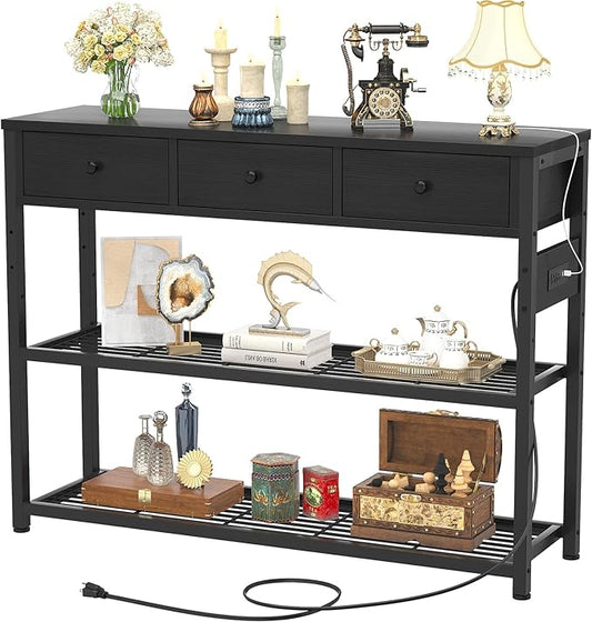 Ecopriso 47'' Entryway Table with Outlets and USB Ports, Console Table with 3 Drawers, Sofa Table Narrow Long with Storage Shelves for Living Room, Couch, Hallway, Foyer, Kitchen Counter, Black-NeatNest