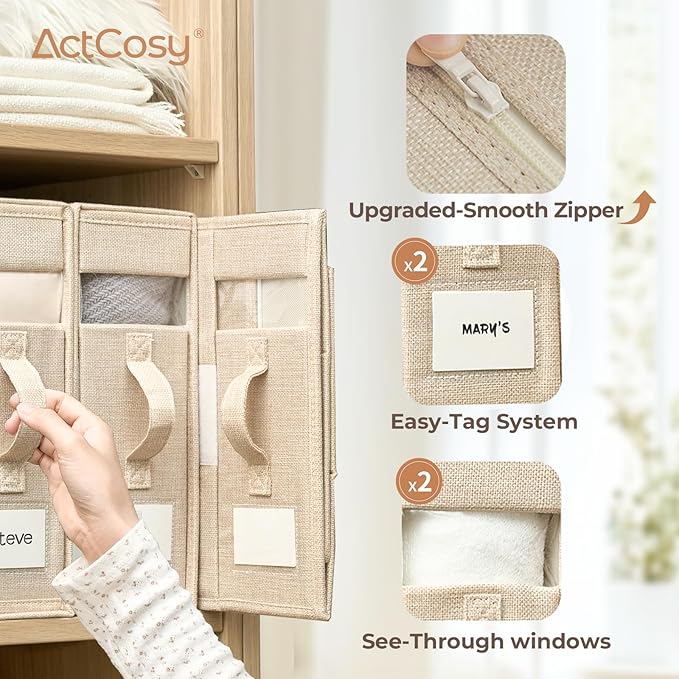 12Pack Sheet Organizers and Storage with Handles – Foldable Linen Closet Storage for King & Queen Sheet Sets – Clear Window & Removable Labels – Dustproof & Space-Saving Design, Beige-NeatNest