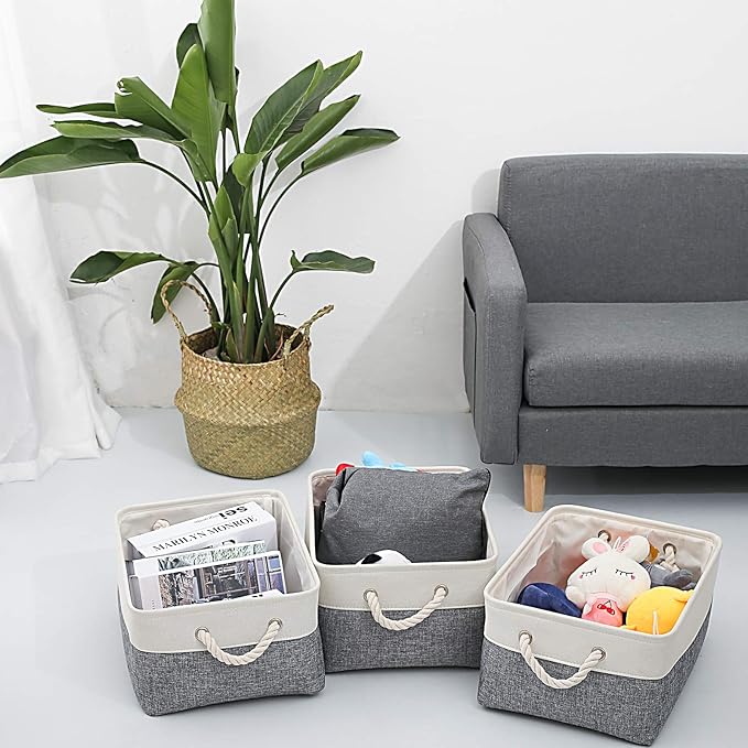 Fabric Storage Basket Set of 3, Foldable Linen Storage Box for Nursery and Home, Collapsible Canvas Shelf Basket for Wardrobe or Bedroom, Grey and White