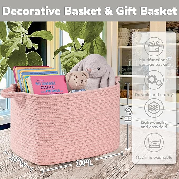 INDRESSME Pink Storage Basket, Multipurpose Organizer for Nursery, Toys, Laundry & Blankets | Square Home Decor Basket with Handles, 13" x 10" x 9"