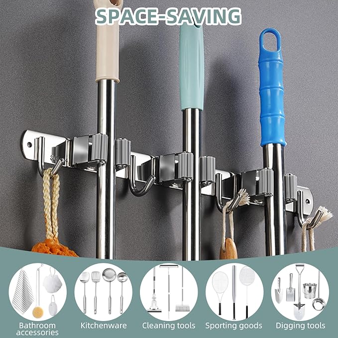Stainless Steel Wall Mounted Storage Rack (5 Racks with 6 Hooks, Silver) for Kitchen, Bathroom, Laundry Room, Garage, Broom Cabinet, Indoor and Outdoor Use-NeatNest