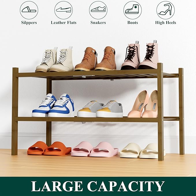 Smiry Shoe Rack, 2 Tier Thick Bamboo Shoe Organizer, Stackable Free Standing Wooden Shoe Storage Shelf for Closet, Entryway, Front Door Entrance, Walnut-NeatNest