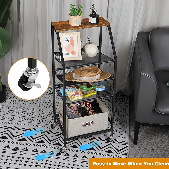Bathroom Towel Stand Freestanding 5 Tier Metal Utility Rolling Cart with Storage for Home Kitchen Living Room Office, Rustic Brown
