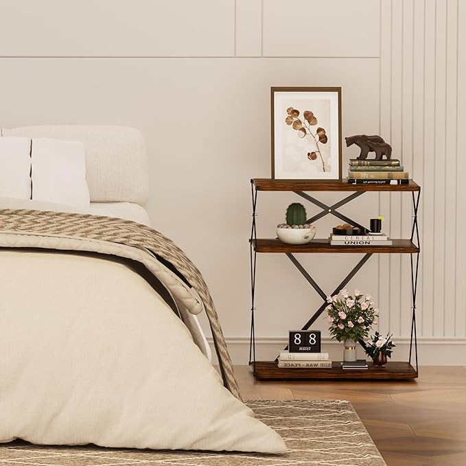 3-Tier End Table Set of 2 Small Side Table Tall Bedside Night Stand with Storage Sofa Side desks for Living Room Bedroom Office Bathroom Small Space Rustic Brown ET-04RB-2