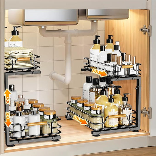 JYPS 2 Pack Under Sink Organizer, 2 Tier Pull out Under Kitchen Bathroom Sink Organizer and Storage, Metal Sliding Drawer for Cabinet Pantry Undersink Organizers Shelf-NeatNest
