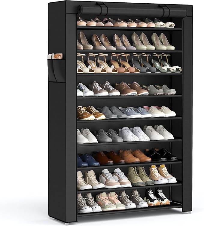 SONGMICS Shoe Rack with Non-Woven Fabric Cover, 9 Tier Storage Shelf for 40-50 Pairs of Shoes, Entryway, Suitable for Sneakers, High Heels, Flats, and Boots, Black URXJ36HV1-NeatNest