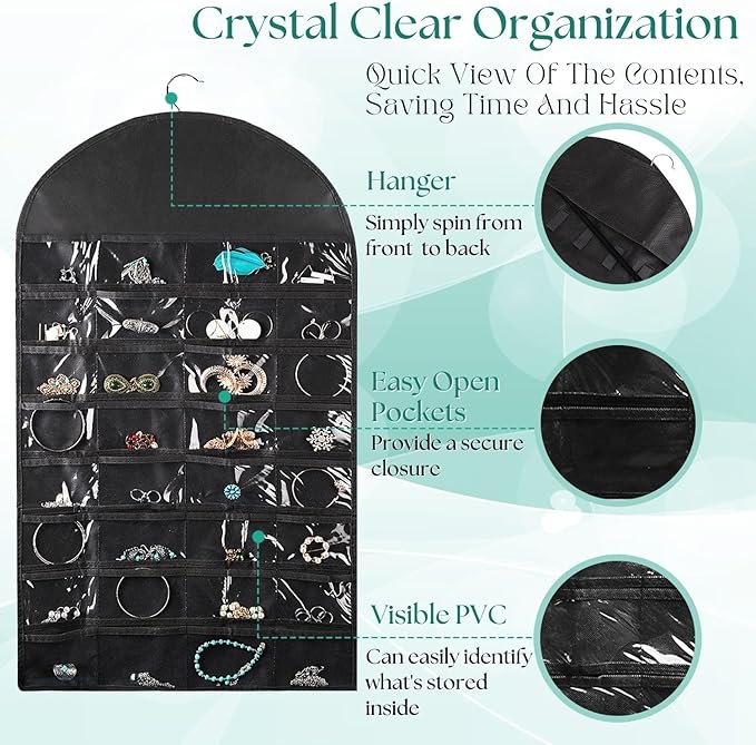 Flexzion Hanging Jewelry Organizer – (1 Pack) Black 32 Clear Pockets & 18 Hooks & Loops, Non-Woven Bag Dual Side Earring Storage Display Holder with for Necklace Bracelet Sunglasses-NeatNest