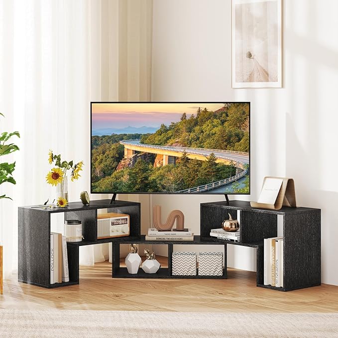 GOFLAME 3 Pieces TV Console Stand, Modern Entertainment Center for 50 55 60 65 Inch Flat Screen TV, Free Combination Bookcase for Storage & Display, Suitable for Living Room (Black Wood Grain)-NeatNest
