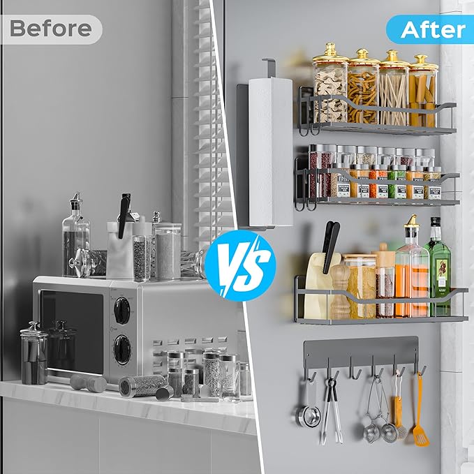 5 Pack Magnetic Shelves for Washing Machine & Refrigerator, Paper towel holder, Movable Powerful Magnetic Spice Racks with Unique Hollow Design, for Laundry Room and Kitchen Organization (Grey)