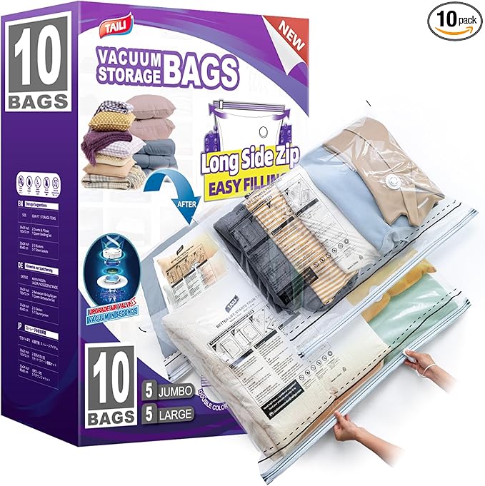 TAILI 10 Pack Vacuum Storage Bags, LONG SIDE ZIP (5 Large+5 Jumbo), Multi-Size Vacuum Seal Bags for Clothing, Storage Bulky Beddings, Comforters and Clothes, Space Saver for Closet Organization-NeatNest