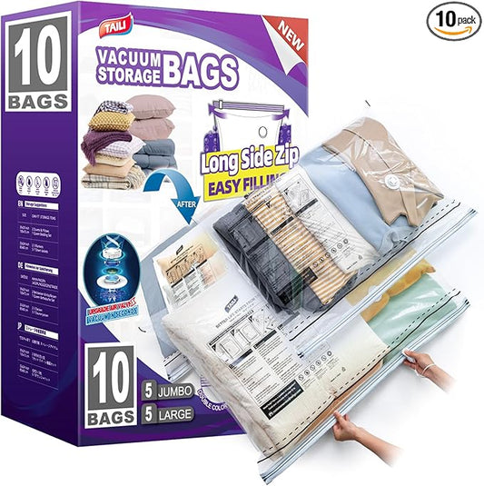 TAILI 10 Pack Vacuum Storage Bags, LONG SIDE ZIP (5 Large+5 Jumbo), Multi-Size Vacuum Seal Bags for Clothing, Storage Bulky Beddings, Comforters and Clothes, Space Saver for Closet Organization-NeatNest