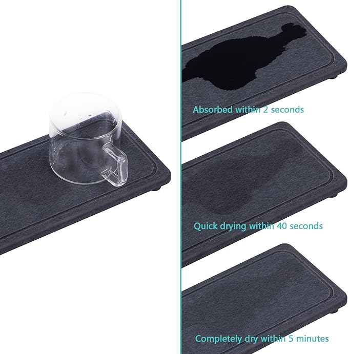 2 Pcs Water Absorbing Stone Trays, Kitchen/Bathroom Sink Soap Dish, Diatomite Tray Used for Hand Soap & Cosmetic Bottles in The Modern Home, 4" W x 10.2" L, Dark Gray-NeatNest
