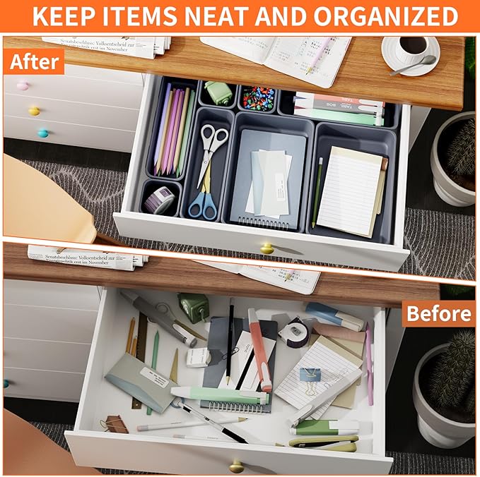 45 Pack Desk Drawer Organizer Tray, 3 Sizes Plastic Drawers Organizer Storage for Kitchen, Bathroom, Office, Vanity, Makeup, Utensils, Junk Drawer Organizer Bins, Gadget Trays for Organizing, Grey-NeatNest