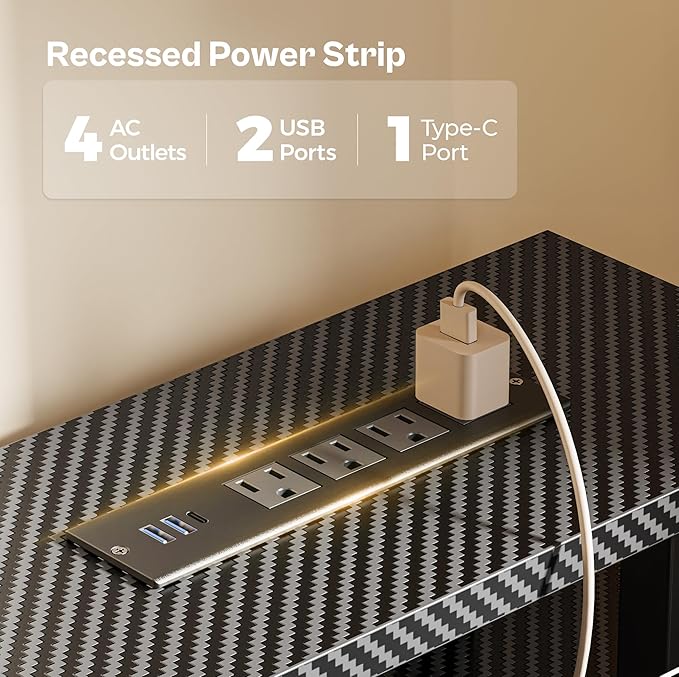 Huuger 47 inch Computer Desk with 4 Drawers, Gaming Desk with LED Lights & Power Outlets, Home Office Desk with Large Storage Space for Bedroom, Work from Home, Carbon Fibre Black-NeatNest