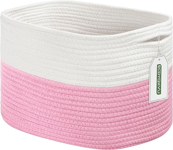 Cotton Rope Shelf Storage Basket, 15x10x9 in, Shelf Storage Baskets for Clothes, Toys, Towels, Books, Laundry (White/ Pink, 1 Pack)-NeatNest