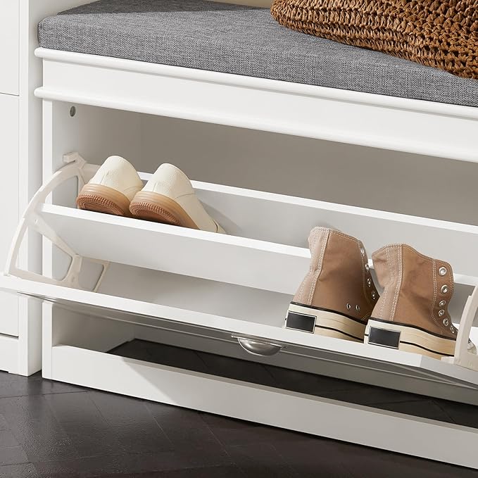 Haotian Shoe Storage Bench with Cushion, White Narrow Shoe Rack for Entryway, Small Shoe Cabinet with 2 Tiers Flip-Drawer, Closet Hallway Mudroom FSR82-L-W-NeatNest