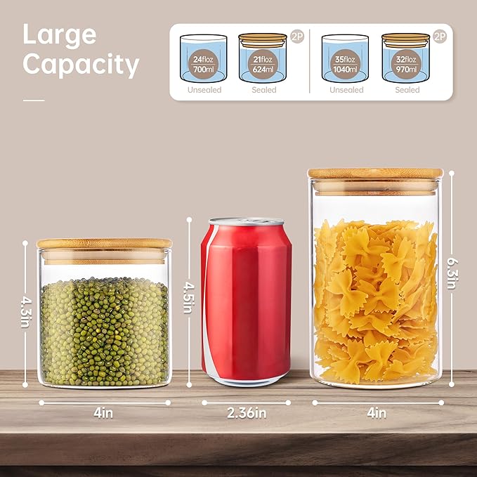 32oz & 21oz - 4 Pack Glass Jars with Bamboo Lids, Glass Pantry Storage Containers with Airtight Lids, Round Air Tigh Food Storage Canisters for Cereal, Pasta, Flour, Sugar, Best for Kitchen Organizer-NeatNest