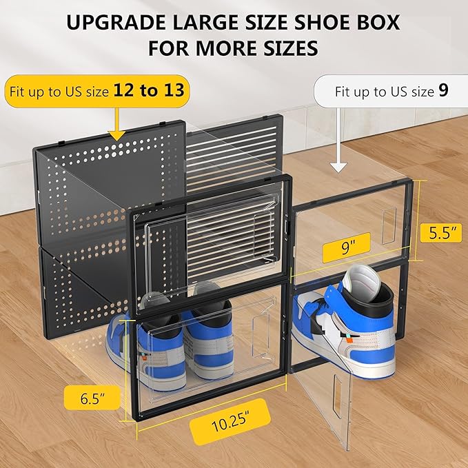 12 Pack XX Large Shoe Organizer Storage Boxes for Closet, Modular Space Saving Shoe Boxes Clear Plastic Stackable Sneaker Containers Display Case with Lids, Black-NeatNest