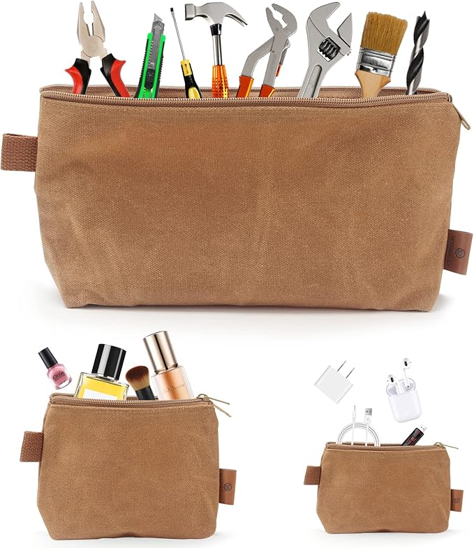Canvas Zipper Pouch, 3 Pack Small Tool Pouch Organizer, Heavy Duty 16OZ Waxed Canvas Mini Zipper Bag Pouch, 5.7/6.7/12.3 Inch Tool Multipurpose Water Resistant Storage Pouches-NeatNest