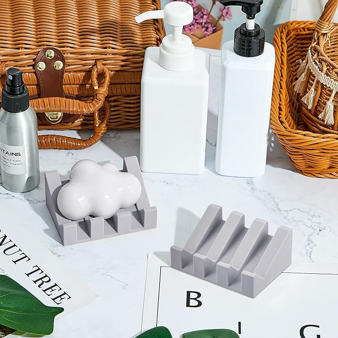 Cunhill 2 Pieces Silicone Soap Dish Self Draining Soap Dish Shower Waterfall Bar Soap Holder Tray with Drain Soap Saver for Kitchen Bathroom Accessories (Light Grey)-NeatNest