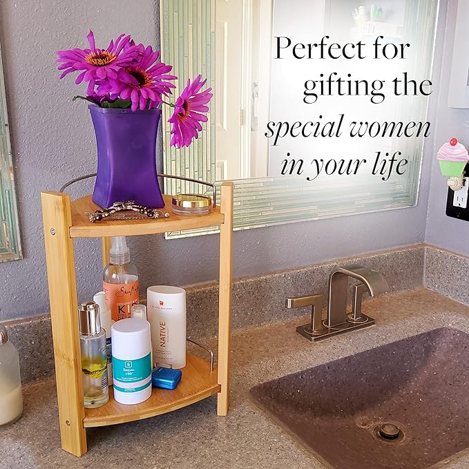 GOBAM Bamboo Shower Corner Caddy, Large - 2 Tier Standing Shower Stand for Shampoo, Conditioner, Lotion, Soap - Caddy Organizer for Kitchen, Bedroom, or Office