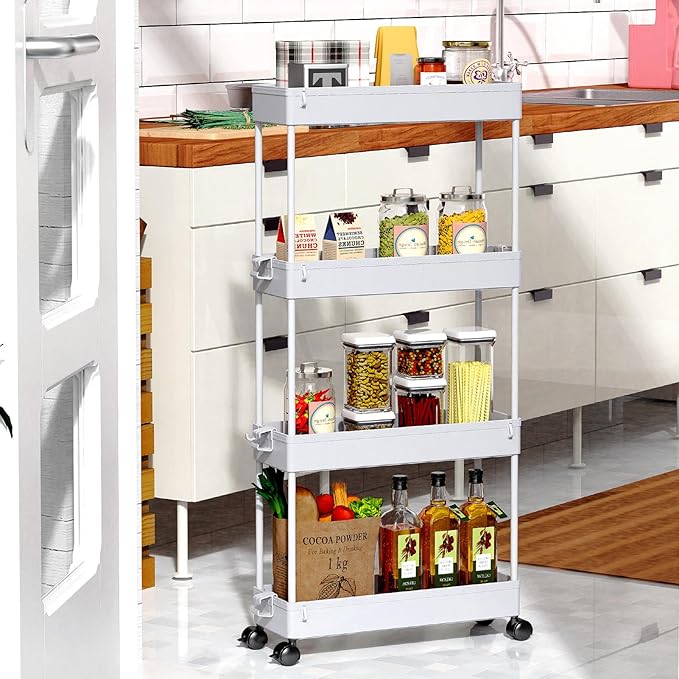 SPACEKEEPER Slim Rolling Storage Cart 4 Tier Bathroom Organizer Mobile Shelving Unit Storage Rolling Utility Cart Tower Rack for Kitchen Bathroom Laundry Narrow Places, Gray