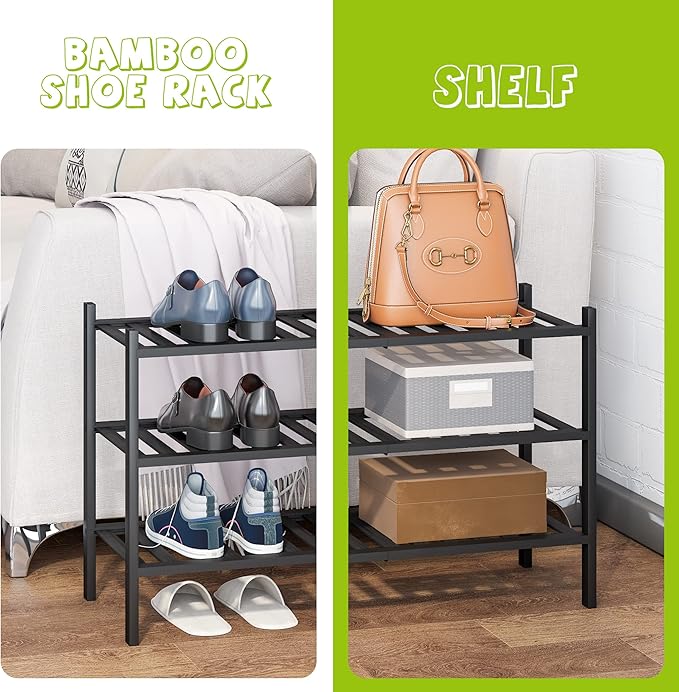 BMOSU 3-Tier Bamboo Shoe Rack Premium Stackable Shoe Shelf Storage Organizer for Hallway Closet Living Room Entryway Organizer (Black Bamboo)-NeatNest