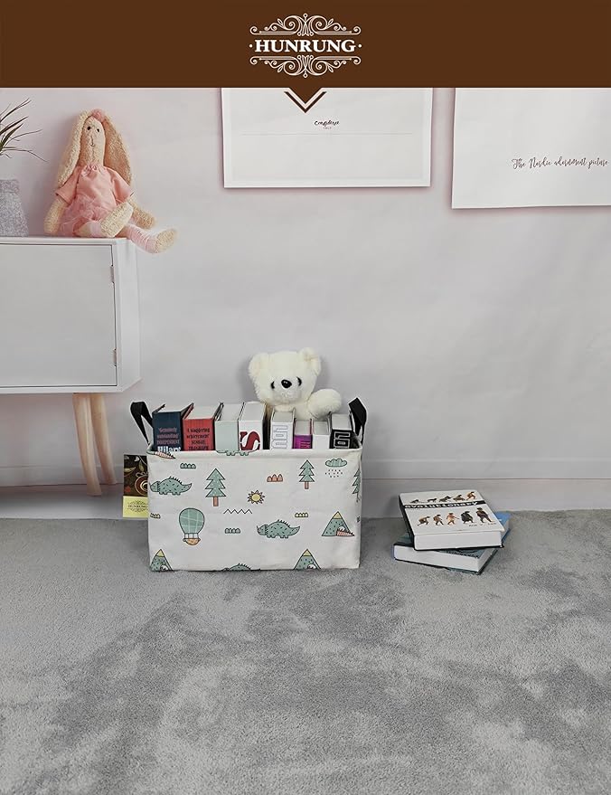 HUNRUNG Rectangle Storage Basket Cute Canvas Organizer Bin for Pet/Children Toys, Books, Clothes Perfect for Rooms/Playroom(REC-Green-Pine Dinosaur)