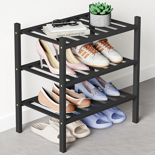 Smiry Bamboo Shoe Rack for Closet, 3 Tier Small Wooden Stackable Shoe Organizer, Free Standing Shoes Storage Shelf for Entryway, Front Door Entrance, Black-NeatNest