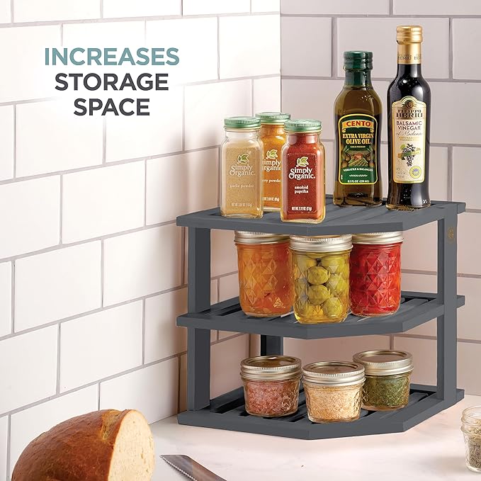 Cabinet Organizer Shelf - Bamboo Corner Rack for Kitchen Counter, Cabinet Space Saver for Plates, Dishes, Bowls, Bread Pantry, Bathroom Storage or Countertop Stand, Grey-NeatNest